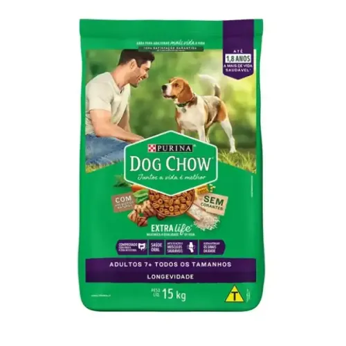 Dog Chow Cães Adultos 7+ Longevidade Carne, Frango e Arroz 15 kg