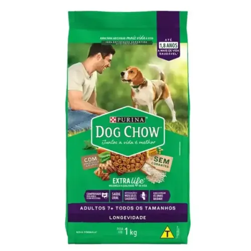 Dog Chow Cães Adultos 7+ Longevidade Carne, Frango e Arroz 1 kg