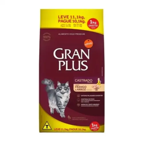 GranPlus Gatos Castrados Frango e Arroz 10,1kg + 1kg Grátis