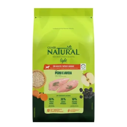 Guabi Natural Light Cães Adultos Portes Médio e Grande Peru e Aveia 12 kg