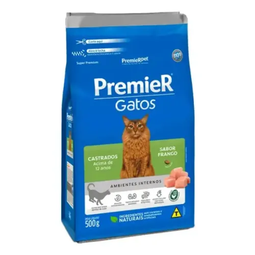 Premier Ambientes Internos Gatos Adultos Castrados +12 anos 500 g