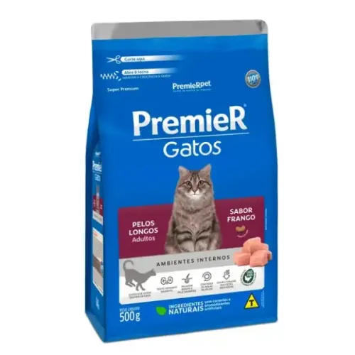 Premier Ambientes Internos Gatos Adultos Pelos Longos Frango 500 g