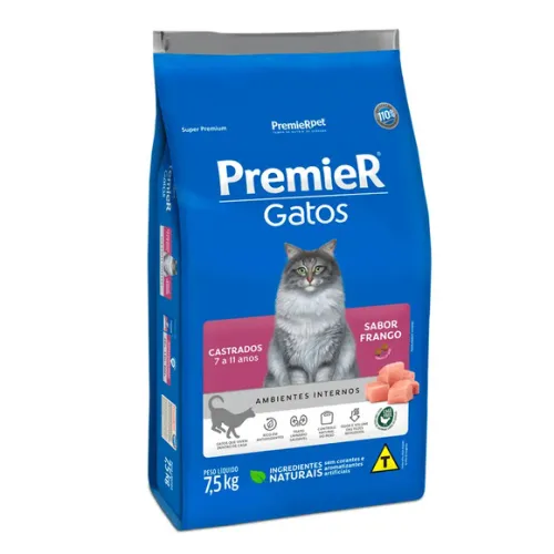 Premier Ambientes Internos Gatos Castrados 7 a 11 Anos Frango 7,5 kg