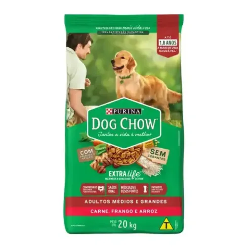 Dog Chow Cães Adultos Médios e Grandes Carne, Frango e Arroz 20 kg
