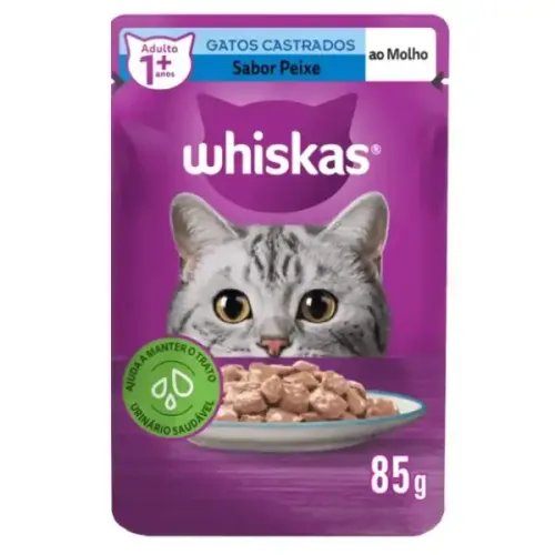 Ração Úmida Whiskas Sachê Peixe ao Molho Gatos Adultos Castrados 85 g