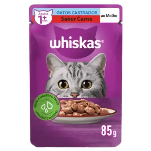 Ração Úmida Whiskas Sachê Carne ao Molho Gatos Adultos Castrados 85 g