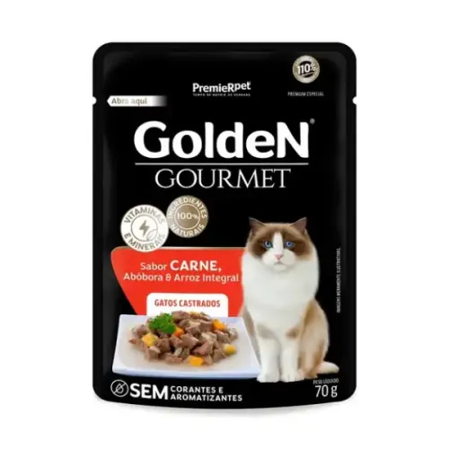 Ração Úmida Golden Gourmet Gatos Castrados Carne 70 g