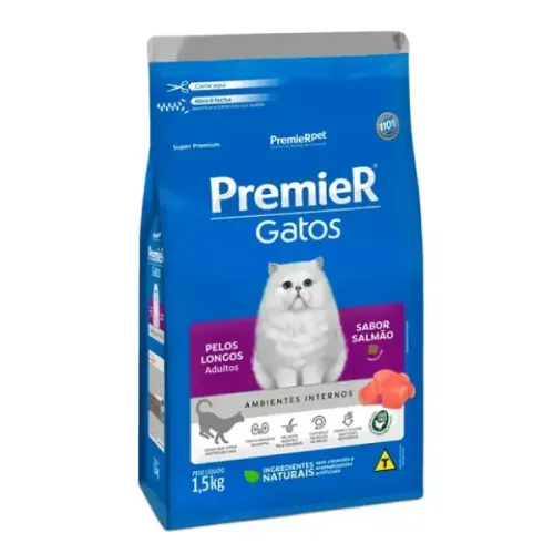 Premier Ambientes Internos Gatos Adultos Pelos Longos Salmão 1,5 kg