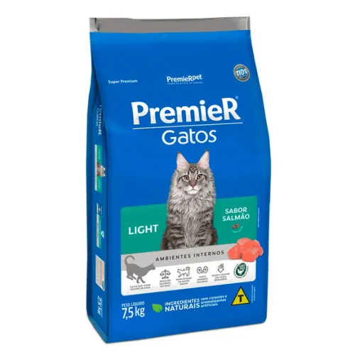 Premier Ambientes Internos Light Gatos Adultos Salmão 7,5 kg