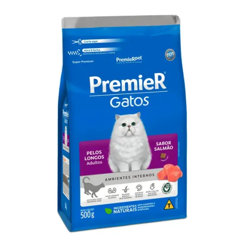 Premier Ambientes Internos Gatos Adultos Pelos Longos Salmão 500 g