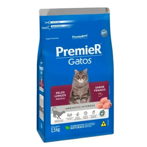 Premier Ambientes Internos Gatos Adultos Pelos Longos Frango 1,5 kg