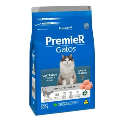 Premier Ambientes Internos Gatos Castrados 6 Meses a 6 Anos Frango 500 g
