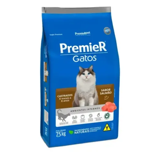Premier Ambientes Internos Gatos Castrados 6 Meses a 6 Anos Salmão 7,5 kg