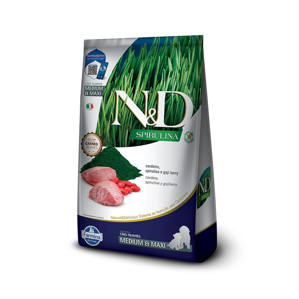 Ração Farmina N&D Spirulina para Cães Filhotes de Porte Médio e Grande Sabor Cordeiro, Spirulina e Goji Berry 10,1kg