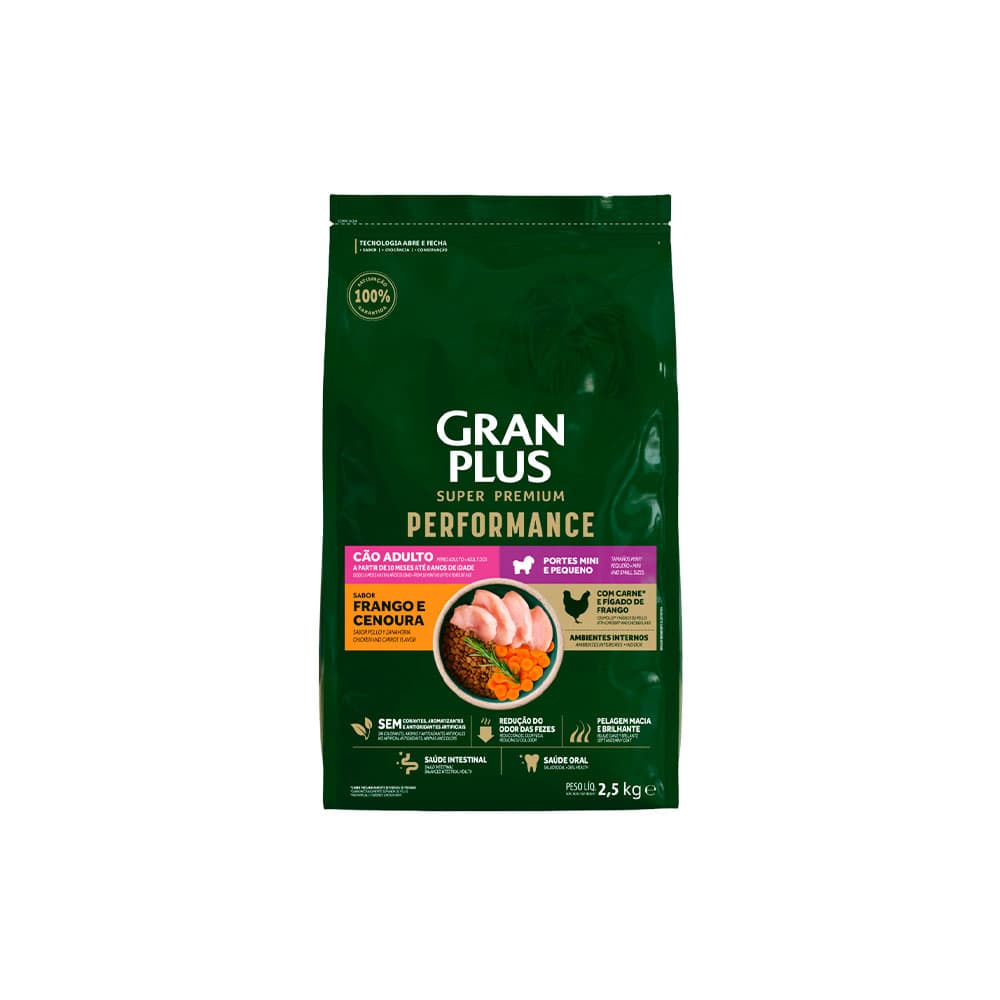 Ração GranPlus Performance para Cães Adultos de Porte Mini e Pequeno Sabor Frango e Cenoura