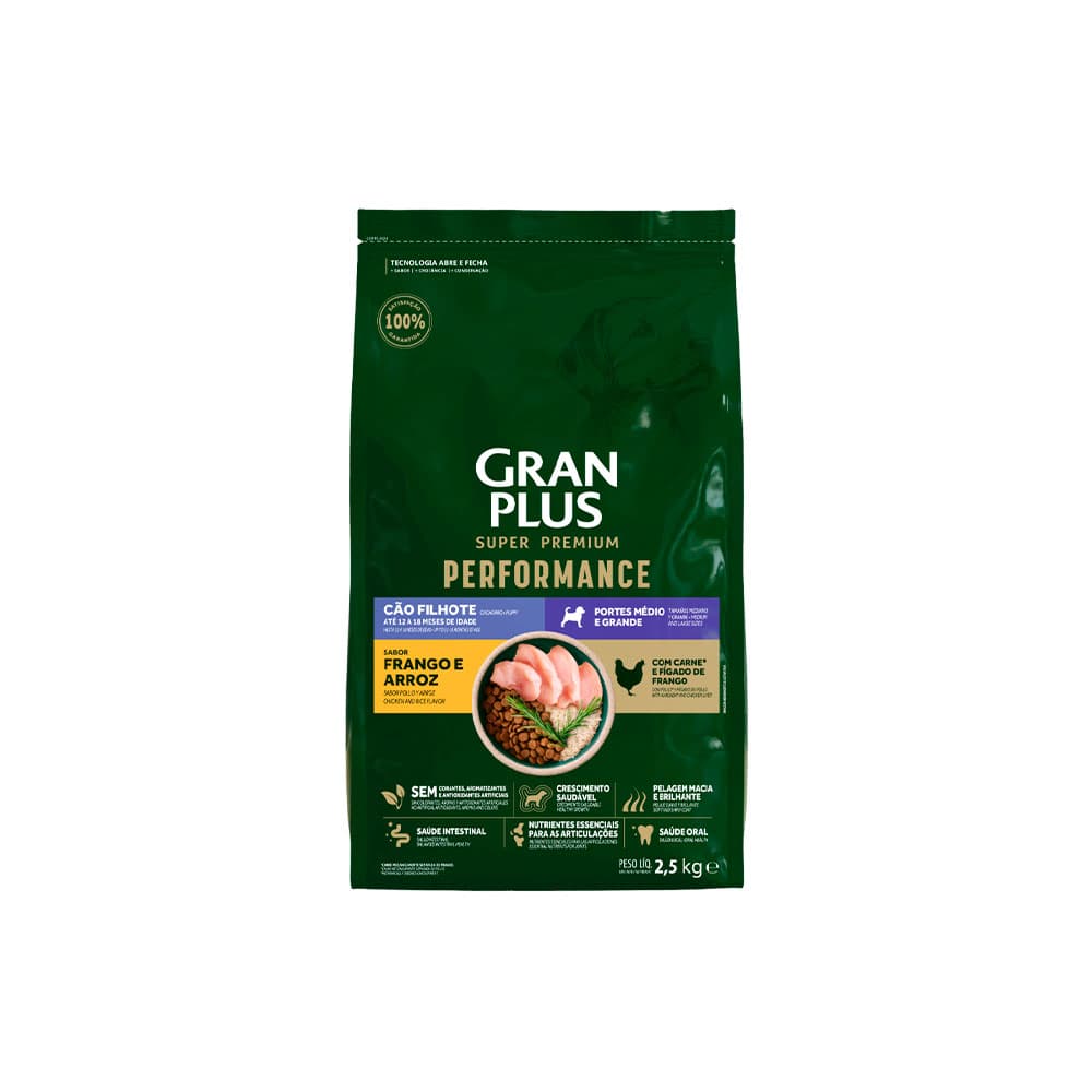 Ração GranPlus Performance para Cães Filhotes de Médio e Grande Porte Sabor Frango e Arroz
