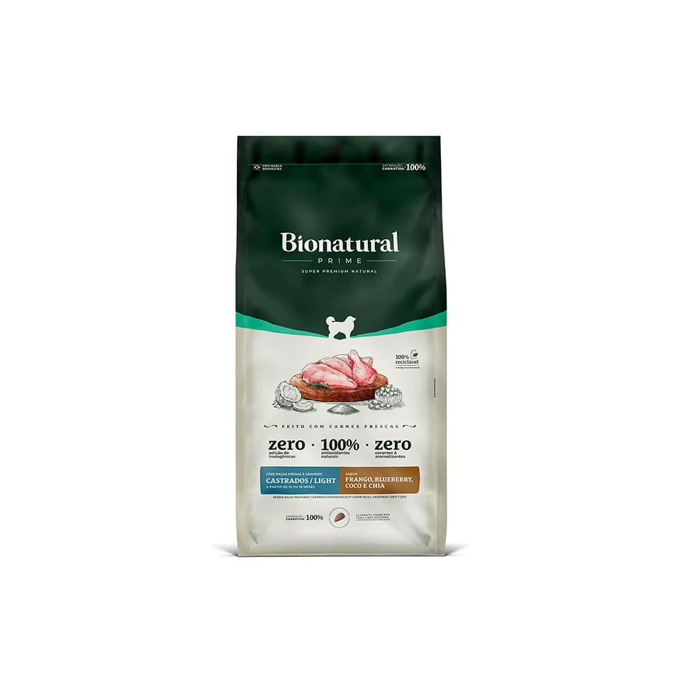 Ração Bionatural Prime para Cães Castrados de Raças Médias e Grandes Sabor Frango, Blueberry, Coco e Chia 15 kg