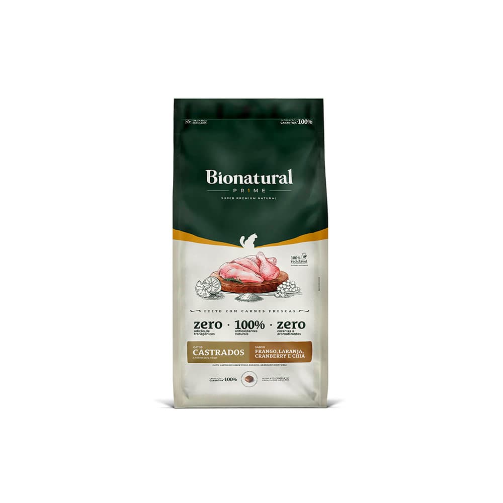 Ração Bionatural Prime para Gatos Castrados Sabor Frango, Laranja, Cranberry e Chia