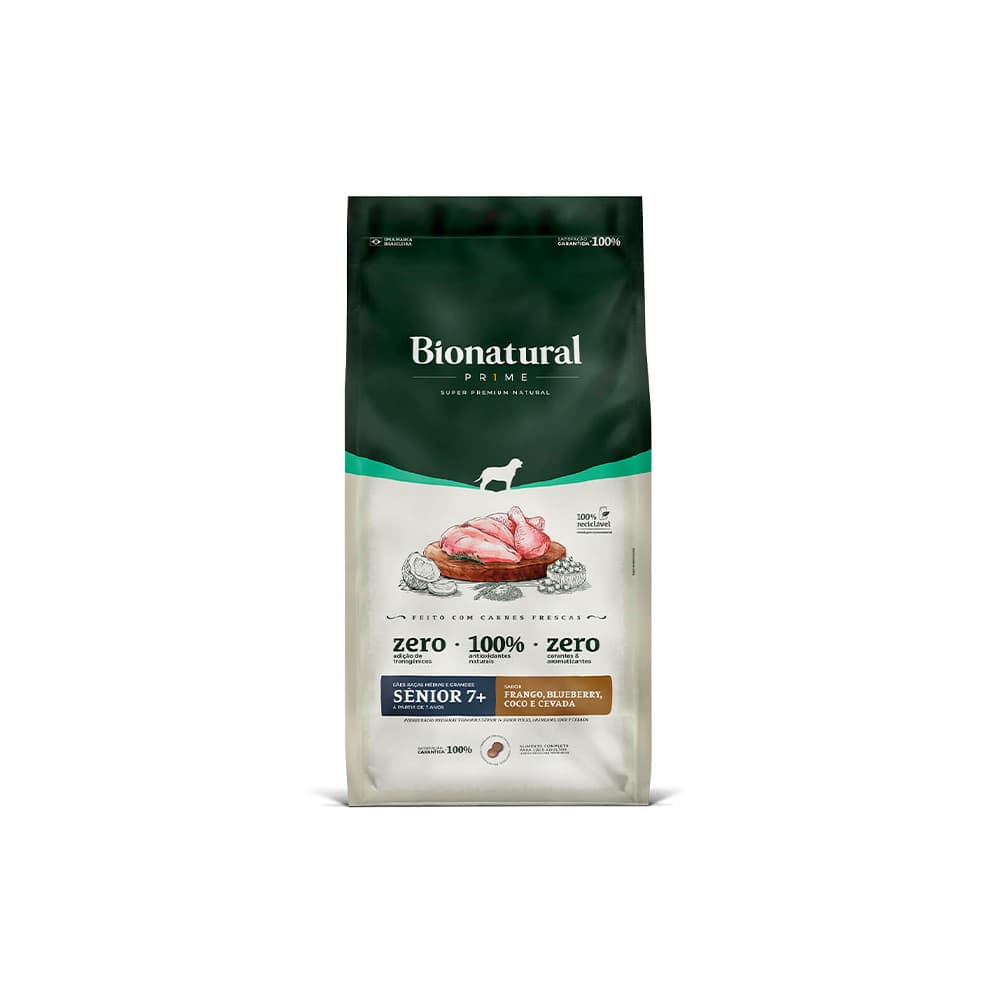 Ração Bionatural Prime para Cães Sênior 7+ de Raças Médias e Grandes Sabor Frango, Blueberry, Coco e Cevada 15 kg