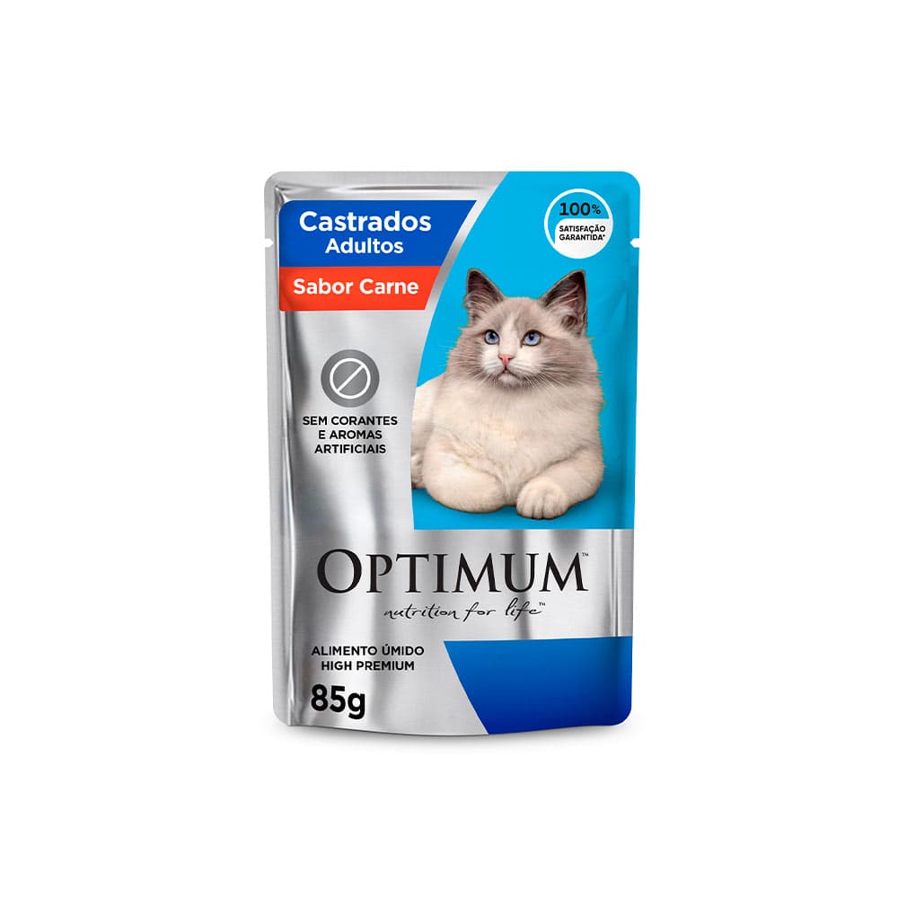 Ração Úmida Optimum Sachê para Gatos Adultos Castrados Sabor Carne 85g
